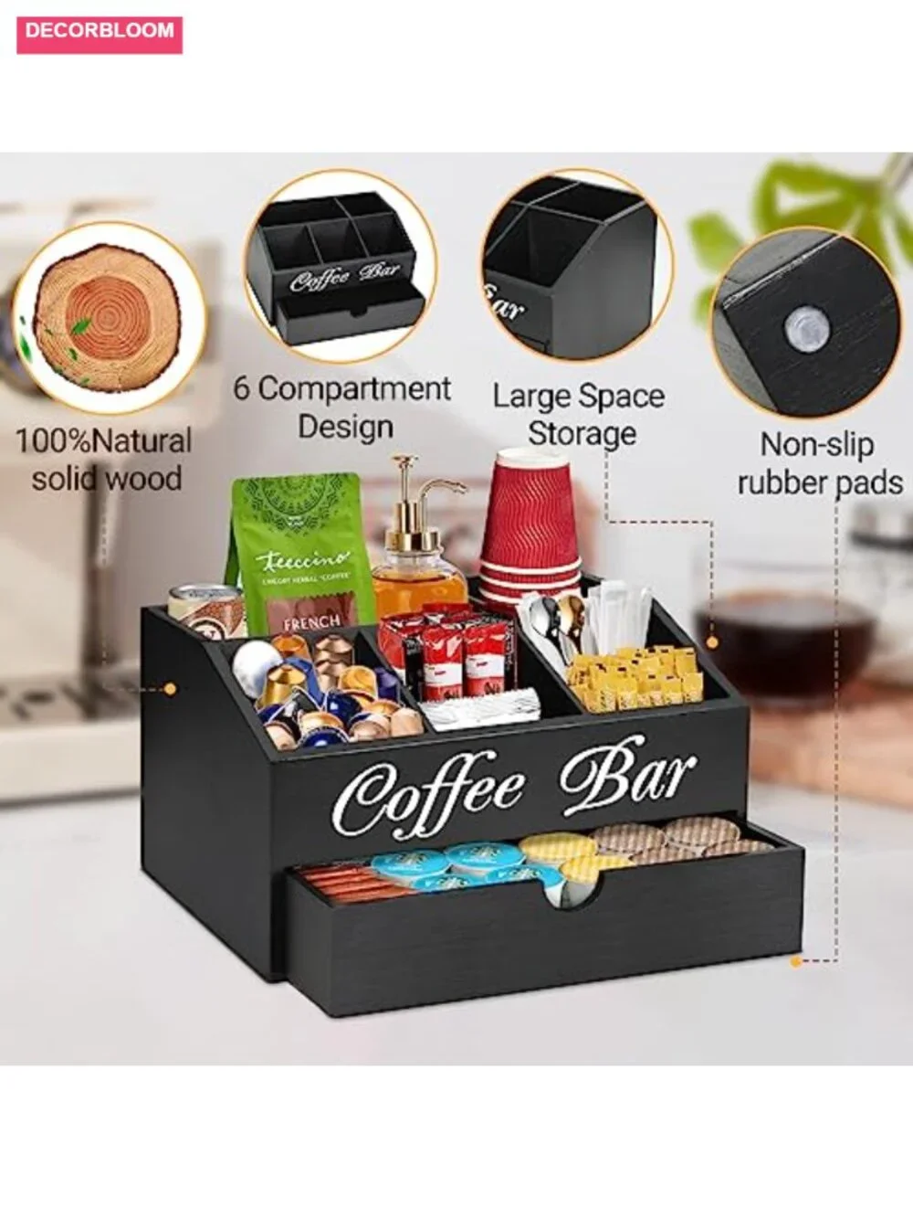 Wood Coffee Bar Organizer with Drawer, Countertop Storage, Farmhouse Tea